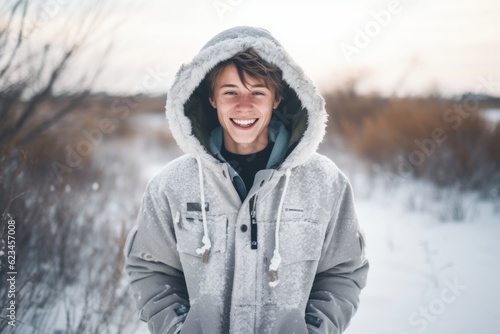 Eclectic portrait photography of a happy mature boy wearing a comfortable hoodie against a snowy landscape background. With generative AI technology © Markus Schröder