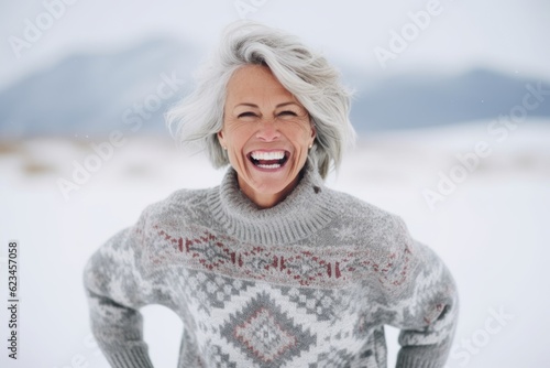Close-up portrait photography of a joyful mature girl wearing a cozy sweater against a snowy landscape background. With generative AI technology