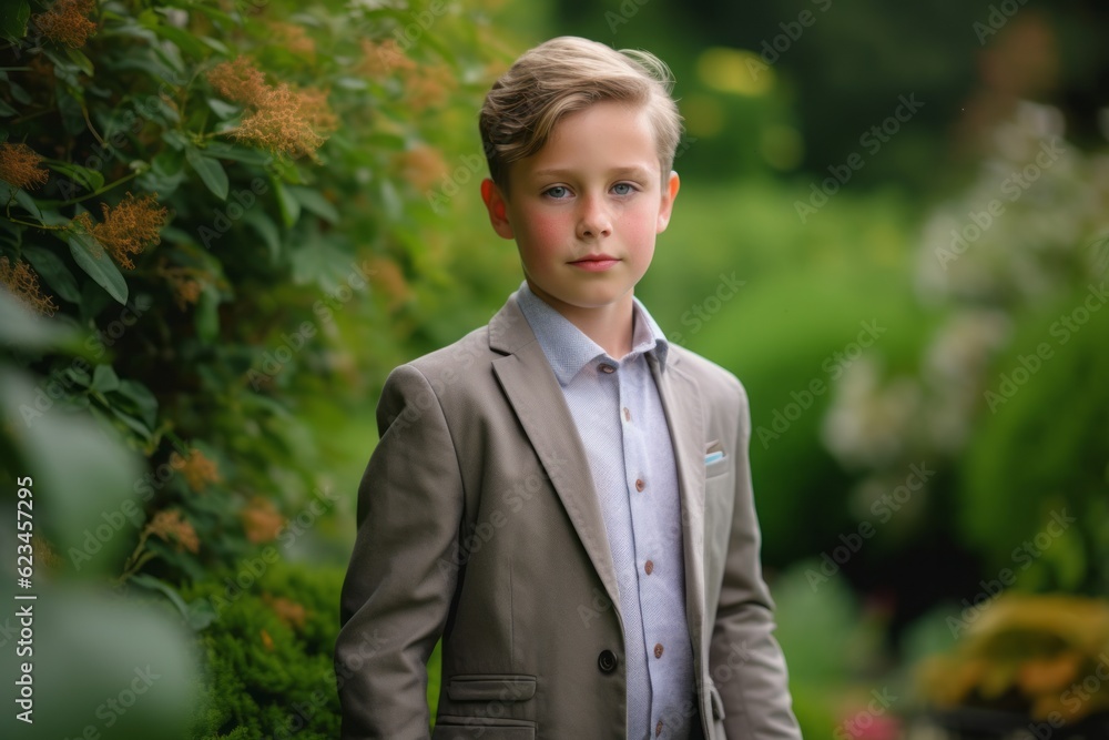 Close-up portrait photography of a satisfied mature boy wearing a sleek suit against a lush garden background. With generative AI technology