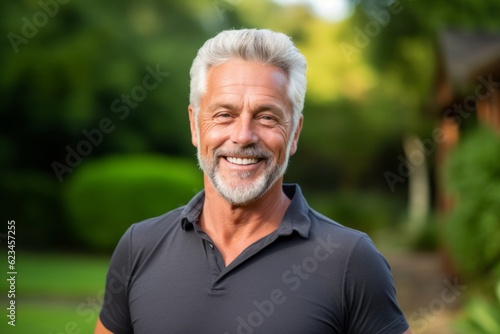 Lifestyle portrait photography of a grinning mature man wearing a sporty polo shirt against a lush garden background. With generative AI technology