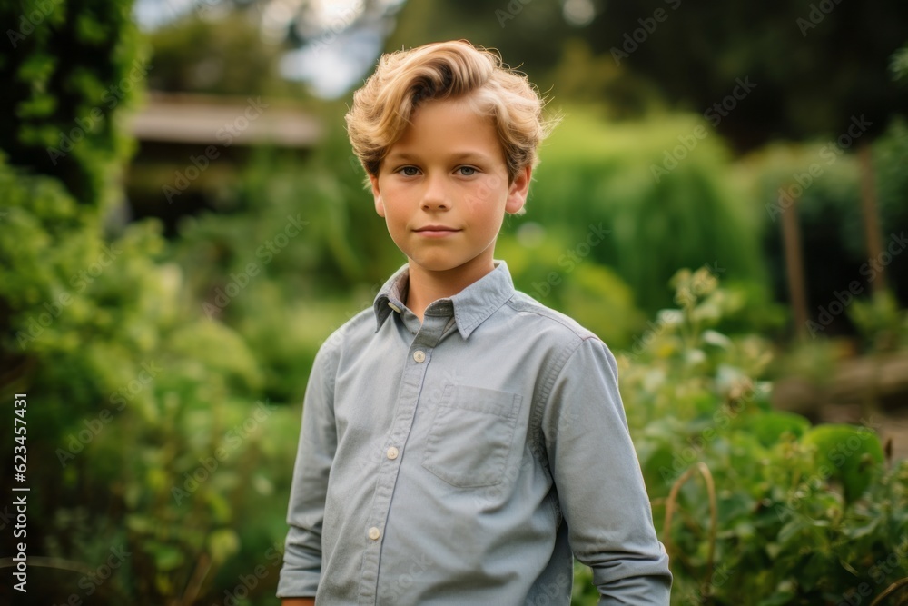 Close-up portrait photography of a glad mature boy wearing a classy button-up shirt against a lush garden background. With generative AI technology Close-up portrait photography of a glad mature boy wearing a classy button-up shirt against a lush garden background. With generative AI technology