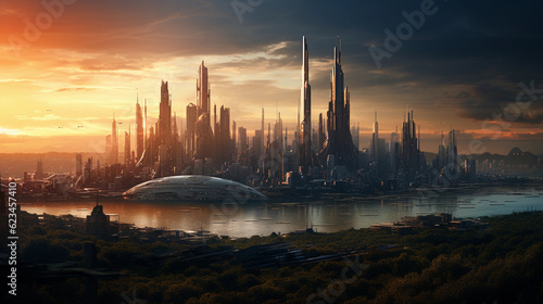 Enchanting Skylines: Exploring a Futuristic Cityscape with Glowing Warm Light