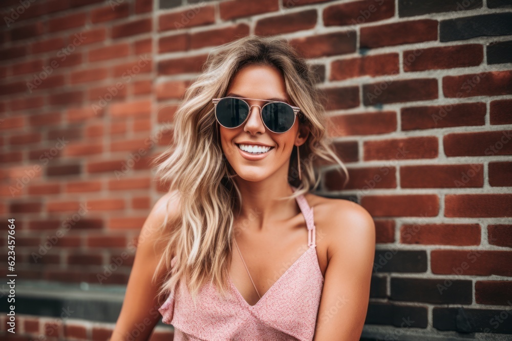 Eclectic portrait photography of a happy girl in her 30s wearing a cute swimsuit and trendy sunglasses against a brick wall background. With generative AI technology Eclectic portrait photography of a happy girl in her 30s wearing a cute swimsuit and trendy sunglasses against a brick wall background. With generative AI technology
