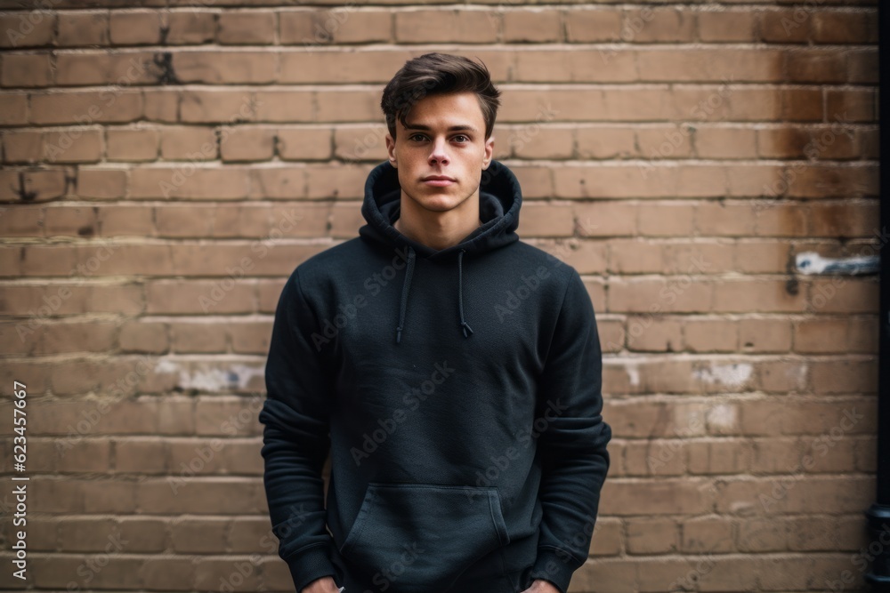 Lifestyle portrait photography of a glad boy in his 30s wearing a stylish hoodie against a brick wall background. With generative AI technology Lifestyle portrait photography of a glad boy in his 30s wearing a stylish hoodie against a brick wall background. With generative AI technology