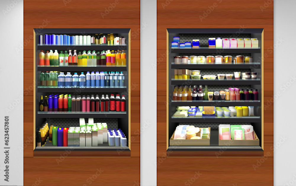 Bakery fridge built in wall mockup, illustration is suitable for presenting new products and new designs, labels on bottles. juice, water, milk and yogurt  brands among many other.