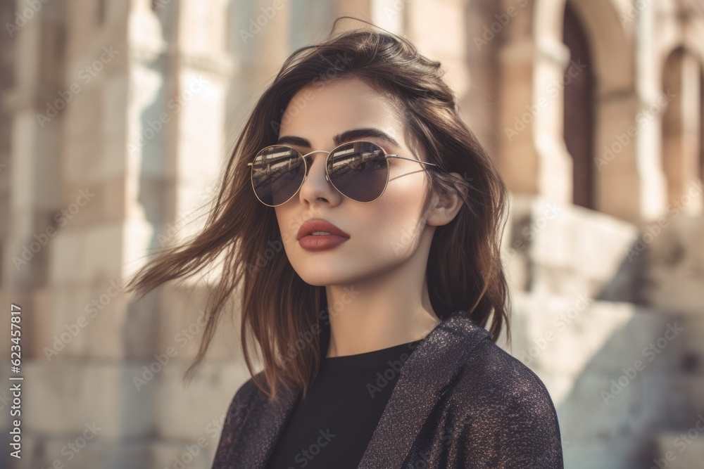 Editorial portrait photography of a tender girl in her 30s wearing a trendy sunglasses against a historical monument background. With generative AI technology Editorial portrait photography of a tender girl in her 30s wearing a trendy sunglasses against a historical monument background. With generative AI technology