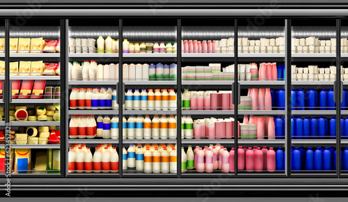 Milk and yoghurt products at glass door freezer. Suitable for presenting new Milk and yoghurt packaging or label designs among many others © Whatson