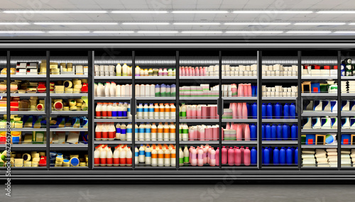 Milk and yoghurt products at glass door freezer. Suitable for presenting new Milk and yoghurt packaging or label designs among many others