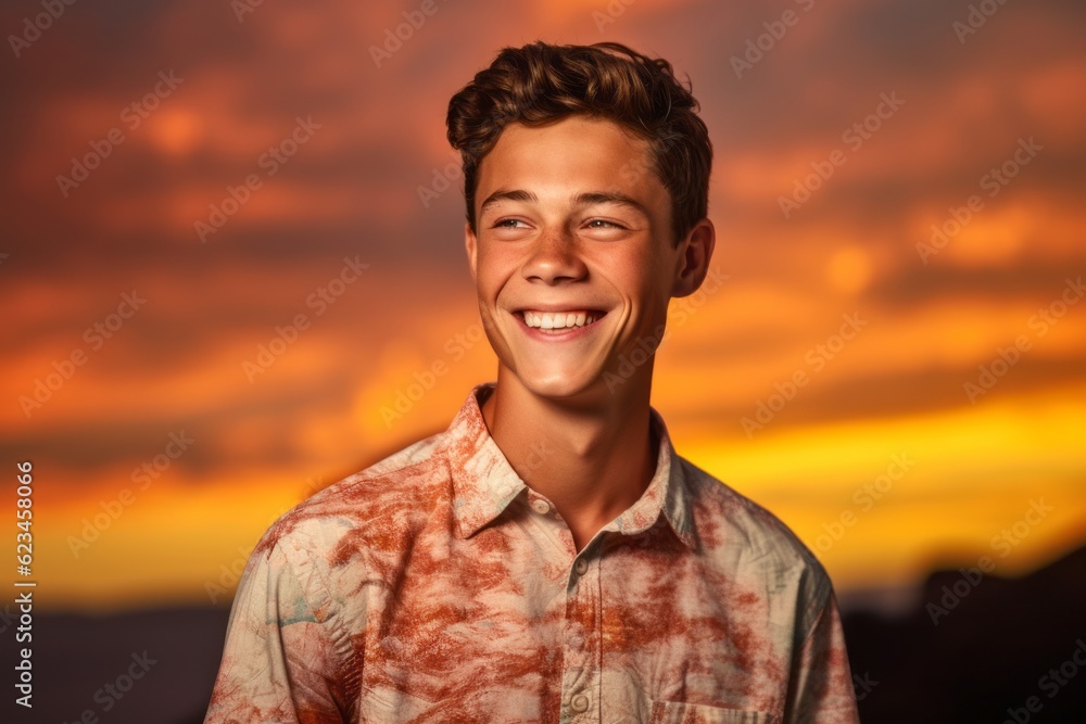 Three-quarter studio portrait photography of a grinning boy in his 30s wearing a casual short-sleeve shirt against a vibrant sunset background. With generative AI technology