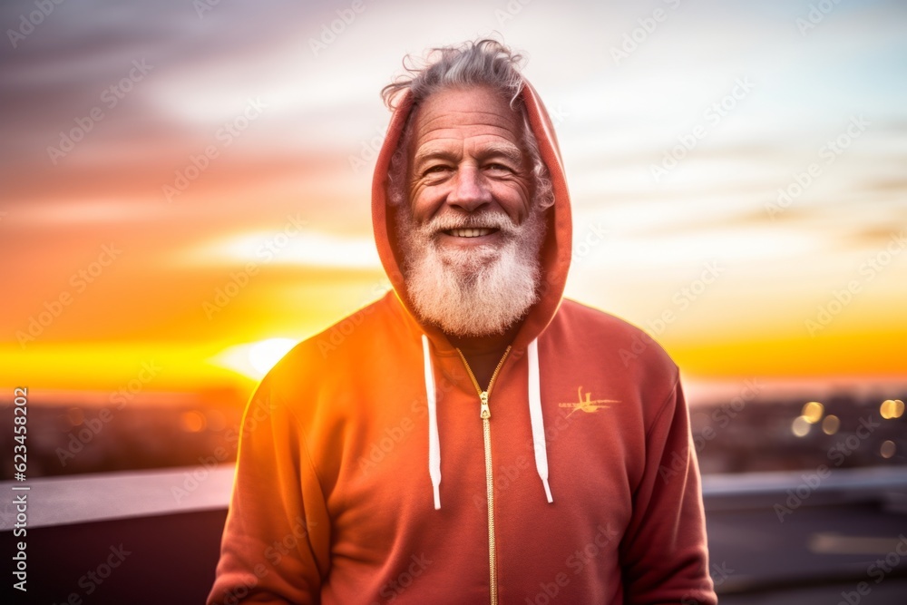 Urban fashion portrait photography of a joyful old man wearing a stylish hoodie against a vibrant sunset background. With generative AI technology Urban fashion portrait photography of a joyful old man wearing a stylish hoodie against a vibrant sunset background. With generative AI technology