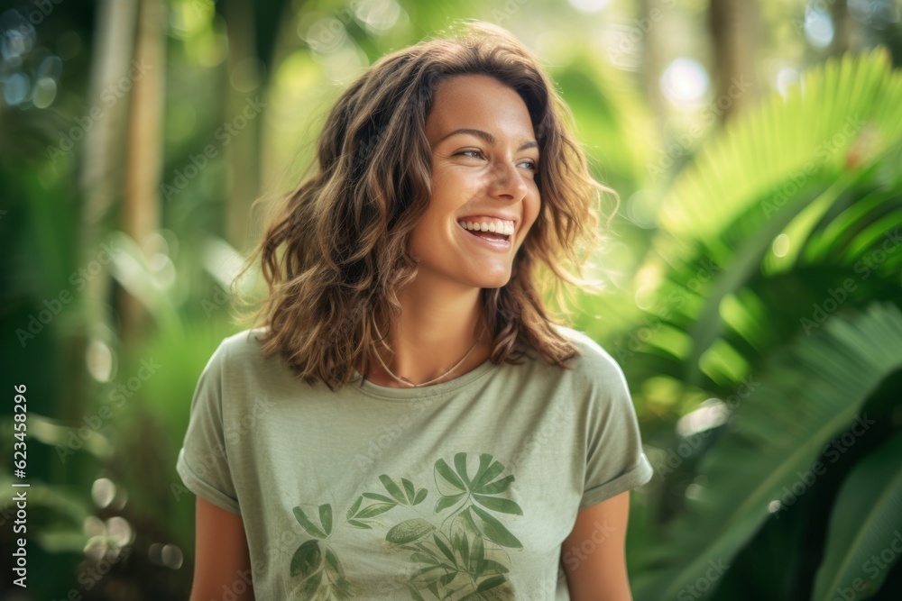 Casual fashion portrait photography of a joyful girl in her 30s wearing a casual t-shirt against a tropical island background. With generative AI technology Casual fashion portrait photography of a joyful girl in her 30s wearing a casual t-shirt against a tropical island background. With generative AI technology