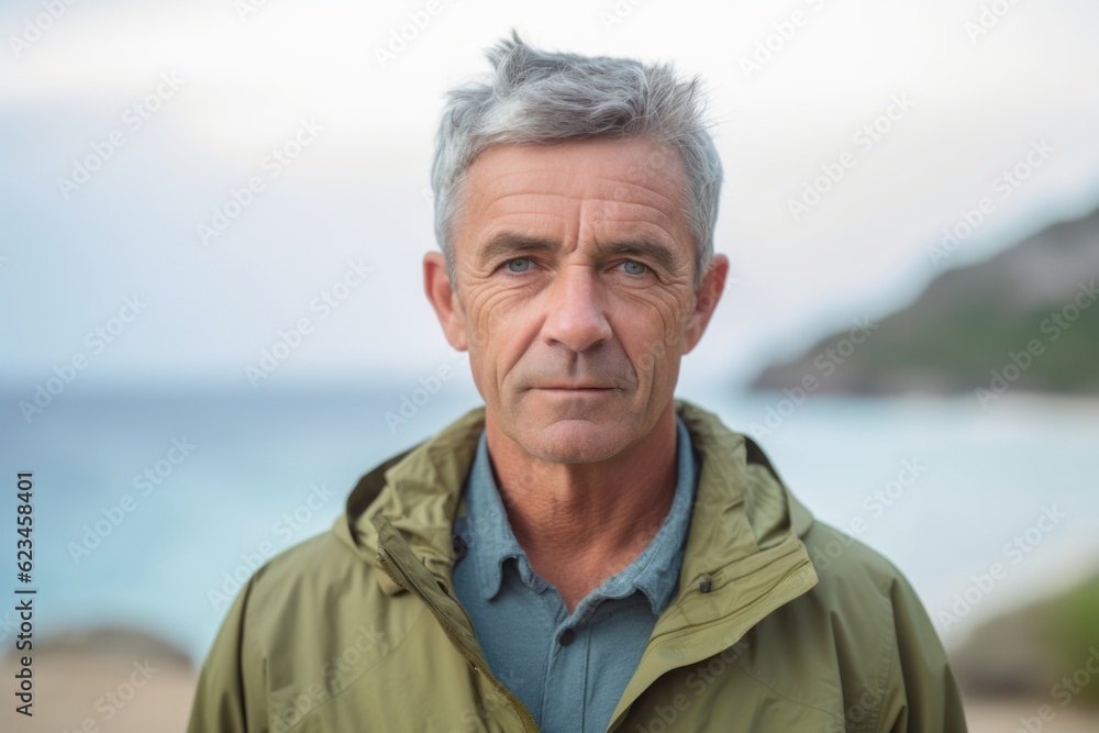 Medium shot portrait photography of a satisfied mature man wearing a lightweight windbreaker against a tropical island background. With generative AI technology Medium shot portrait photography of a satisfied mature man wearing a lightweight windbreaker against a tropical island background. With generative AI technology