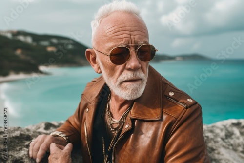 Photography in the style of pensive portraiture of a satisfied old man wearing a trendy leather jacket against a tropical island background. With generative AI technology