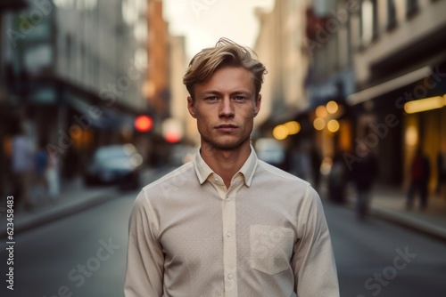 Photography in the style of pensive portraiture of a glad boy in his 30s wearing an elegant long-sleeve shirt against a busy street background. With generative AI technology