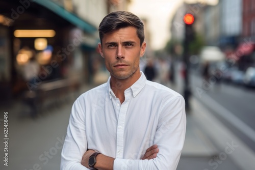 Photography in the style of pensive portraiture of a glad boy in his 30s wearing an elegant long-sleeve shirt against a busy street background. With generative AI technology © Markus Schröder