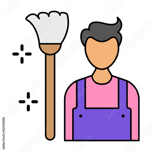 Sweeper or janitor vector color design, Housekeeping symbol, Office caretaker sign, porter or cleanser equipment stock illustration, manservant with broom concept