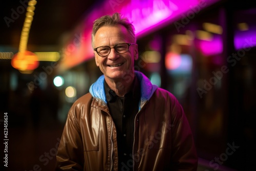 Lifestyle portrait photography of a glad mature man wearing a lightweight windbreaker against a neon sign background. With generative AI technology