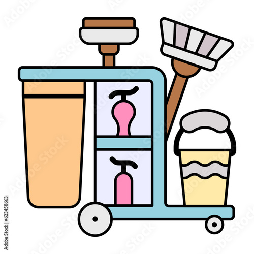Metal basket on wheels carrying different types of Cleaning Liquids and tools concept vector color design, Housekeeping symbol, Office caretaker sign, porter or cleanser equipment illustration