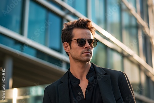 Editorial portrait photography of a satisfied boy in his 30s wearing a trendy sunglasses against a modern architecture background. With generative AI technology