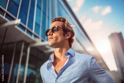 Editorial portrait photography of a satisfied boy in his 30s wearing a trendy sunglasses against a modern architecture background. With generative AI technology