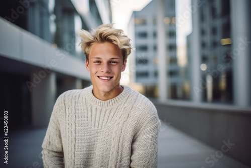 Studio portrait photography of a happy mature boy wearing a cozy sweater against a modern architecture background. With generative AI technology