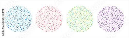 Round shapes set. Circles collection made of uneven dots, various chaotic doodle scribbles, strokes, spots, splashes. Hand drawn decoration, text frame template, abstract radial background, pattern.