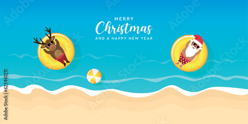 cute santa claus and deer relaxing on float ring in water on the beach vector illustration EPS10