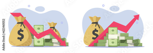 Stocks graph money finance market up down icon vector graphic, financial growth loss chart arrow illustration, currency inflation deflation image clipart flat design, sales trade increase decrease