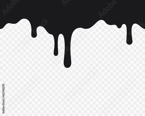 Drip of oil, sauce or paint isolated on transparent background. Black chocolate melt liquid splash border. Flowing sticky slime silhouette. Vector ink drops seamless pattern