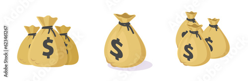 Money bag sack 3d icon isometric flat vector graphic set, currency moneybag dollar illustration image clipart set