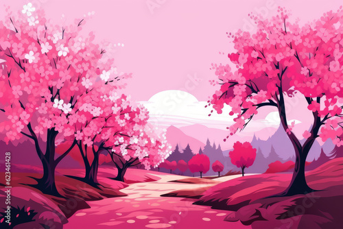 all with colorful pink blossom trees illustration Generative AI © krissikunterbunt