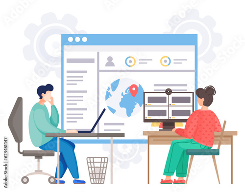 People working in office. Man sitting at table working with laptop. Woman has video conference using webcam. Website with navigation, user profiles at background. Office workers isolated at white