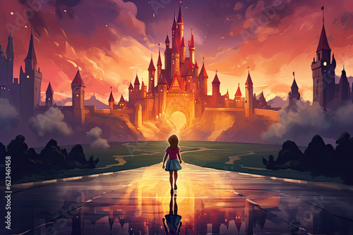 little princess stand in front of big golden castle illustration Generative AI