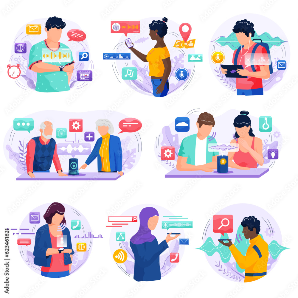 People using voice control for their phones. Isolated vector illustration of voice remote with character and phone. Contactless mobile device control with voice assistant scenes set with digital signs