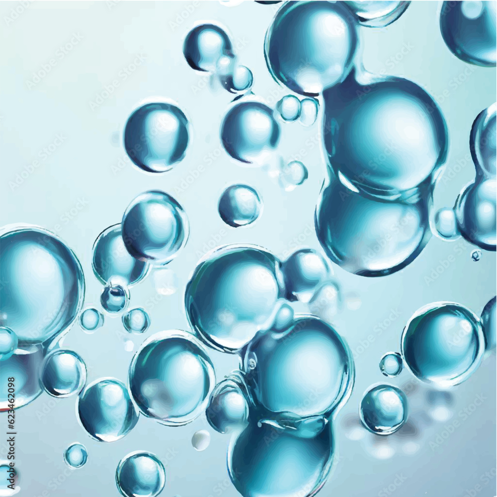 Vector Cosmetic essence, liquid bubble, molecule antioxidant of liquid bubble on water 3d background. 