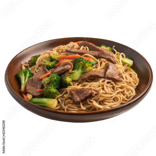Beef and Vegetable Lo Mein isolated on transparent background. Generative AI