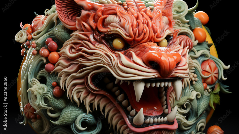 Chinese zodiac dragon ceramic carved. Fantasy Asian Art Celebration of Chinese new year 2024 ,Generative Ai
