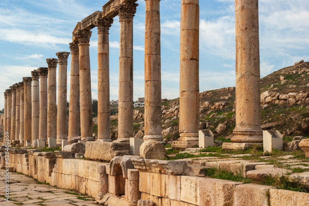 Fototapeta premium Jordan, Gerasa (Jerash) is ancient city that is six and a half thousand years old. Main street of Jerash is Cardo Maximus. Cardo Maximus is perfectly straight street with high columns along sides