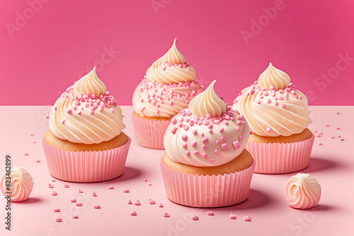 cupcake with pink frosting,Vanilla cupcakes on a pink background topped with cream,cupcakes with pink frosting,cupcakes with pink frosting and sprinkles