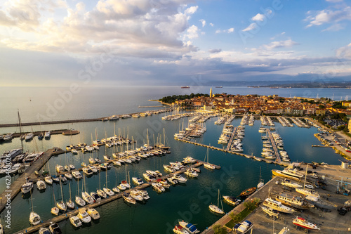 Izola townscape  on the Adriatic coast of the Istrian peninsula in Slovenia. Aerial drone view photo