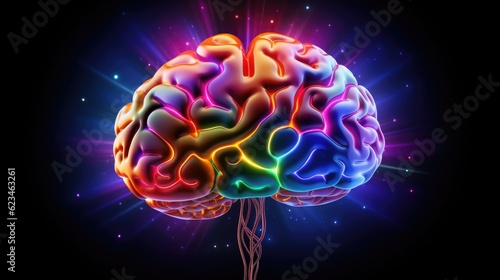 Human brain with multicolored twists close-up on black background. Bright pulses and splashes around the brain