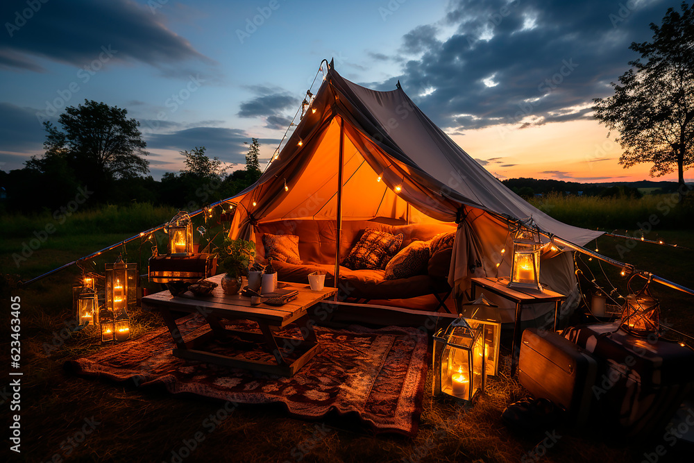 Fototapeta premium Luxurious camping, glamping, a tent in a clearing on the river bank. Tourism and summer vacation with tents concept. Aerial view. 