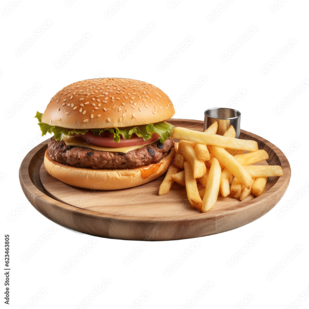 Beef Burger with Fries isolated on transparent background. Generative AI Beef Burger with Fries isolated on transparent background. Generative AI