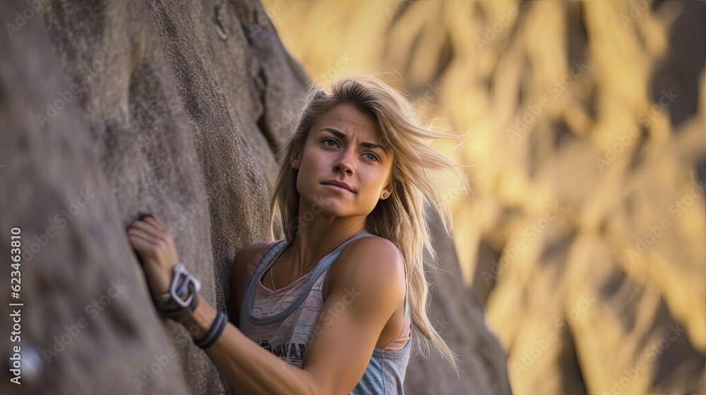 Adult female rock climber on vertical flat wall with poor relief - side view, close-up. Adult female rock climber on vertical flat wall with poor relief - side view, close-up.