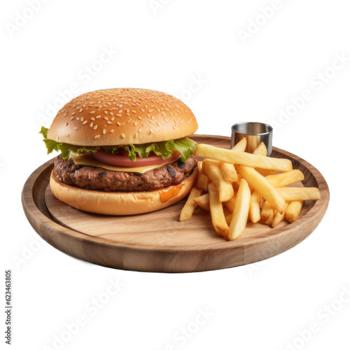 Beef Burger with Fries isolated on transparent background. Generative AI