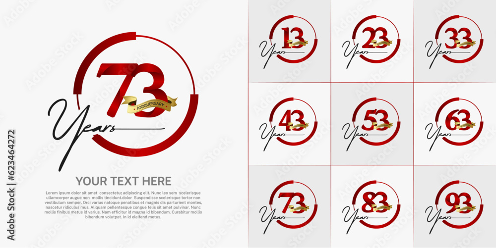 set of anniversary logo with red number in circle and golden ribbon can be use for celebration set of anniversary logo with red number in circle and golden ribbon can be use for celebration