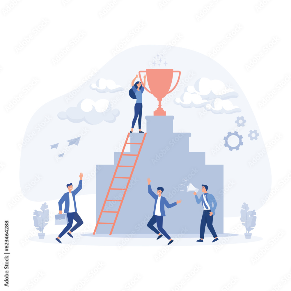 Business concept, People working on their role with tropy on top, Symbol of succes of teamwork,  flat vector modern illustration  - obrazy, fototapety, plakaty 
