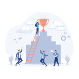 Business concept, People working on their role with tropy on top, Symbol of succes of teamwork,  flat vector modern illustration 