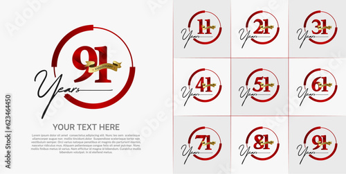 set of anniversary logo with red number in circle and golden ribbon can be use for celebration