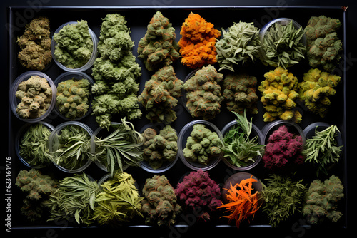 Overhead view of cannabis buds on table
